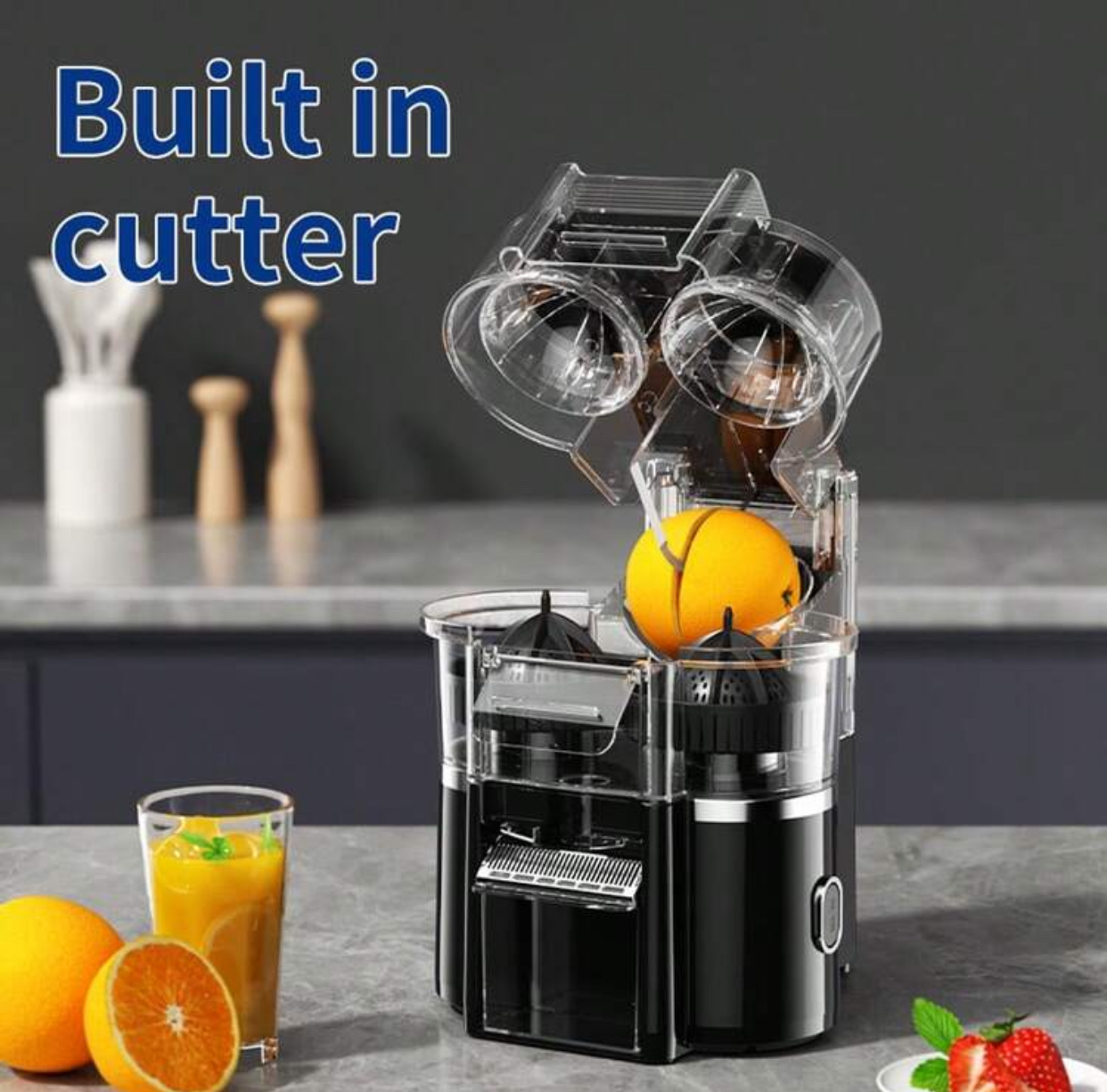 Heavy-Duty Dual-Head Automatic Electric Citrus Juicer Machine with Built-In Orange Slicing Cutter Clear Protective Dome Top Lemon Lime Grapefruit Squeezer Extractor