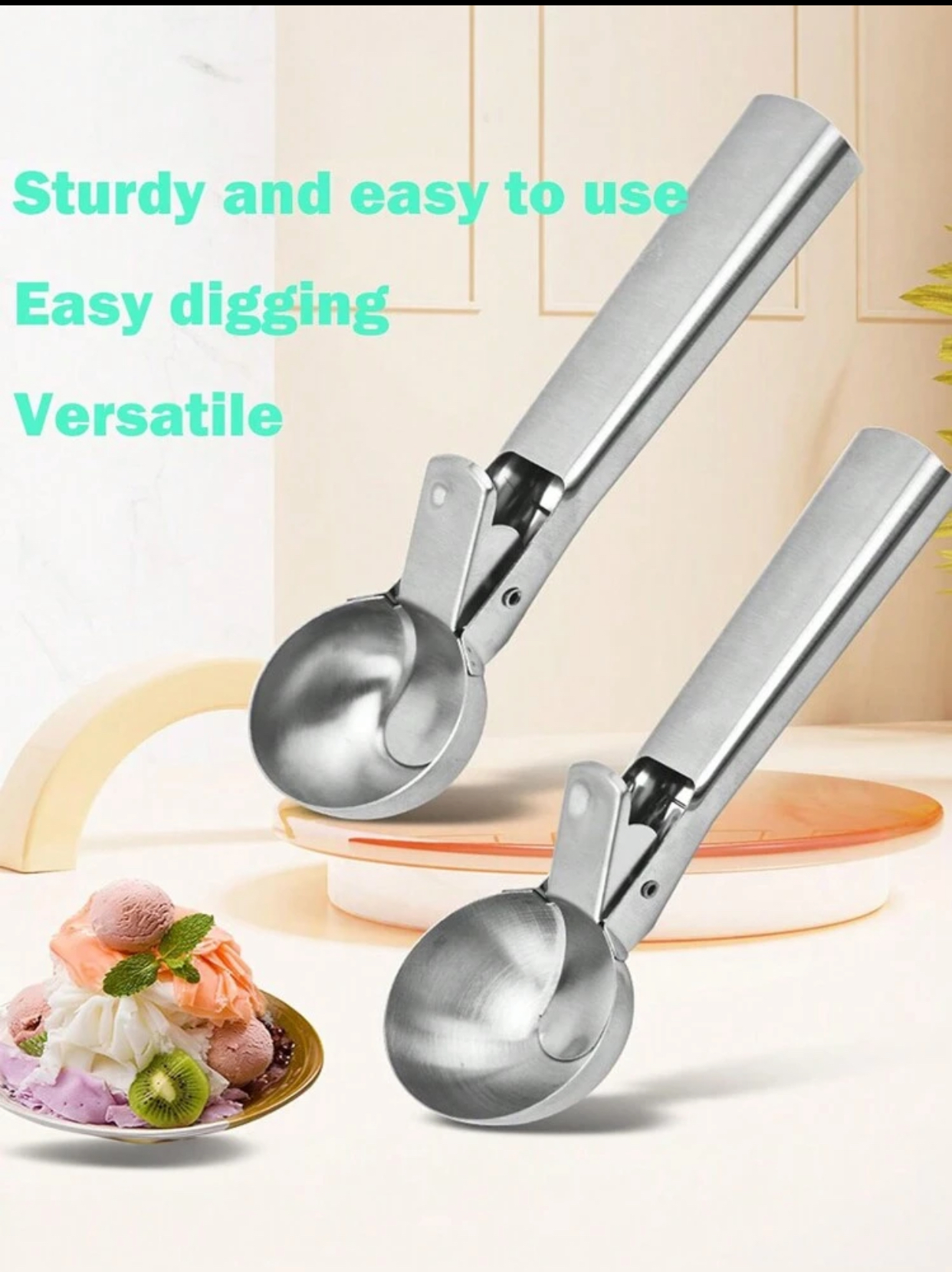 Professional Stainless Steel Ice Cream Scoop Heavy-Duty Solid Metal Gelato Disher Spoon Non-Slip Easy Trigger Lever Release Melon Baller Kitchen Dessert Serving Tool