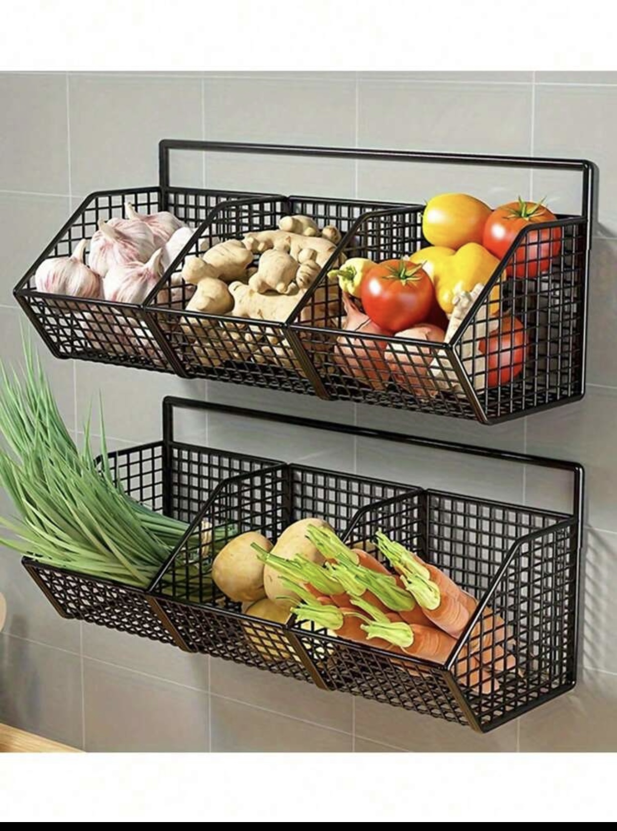 Wall Mounted 3-Compartment Metal Wire Produce Basket Hanging Kitchen Storage Organizer Bin for Potatoes Onions Garlic Ginger Chili Peppers Black Iron Mesh Decorative Rack