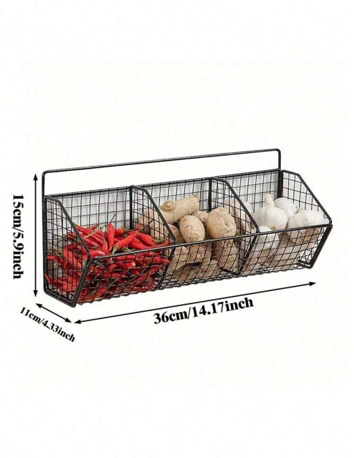 Wall Mounted 3-Compartment Metal Wire Produce Basket Hanging Kitchen Storage Organizer Bin for Potatoes Onions Garlic Ginger Chili Peppers Black Iron Mesh Decorative Rack 2