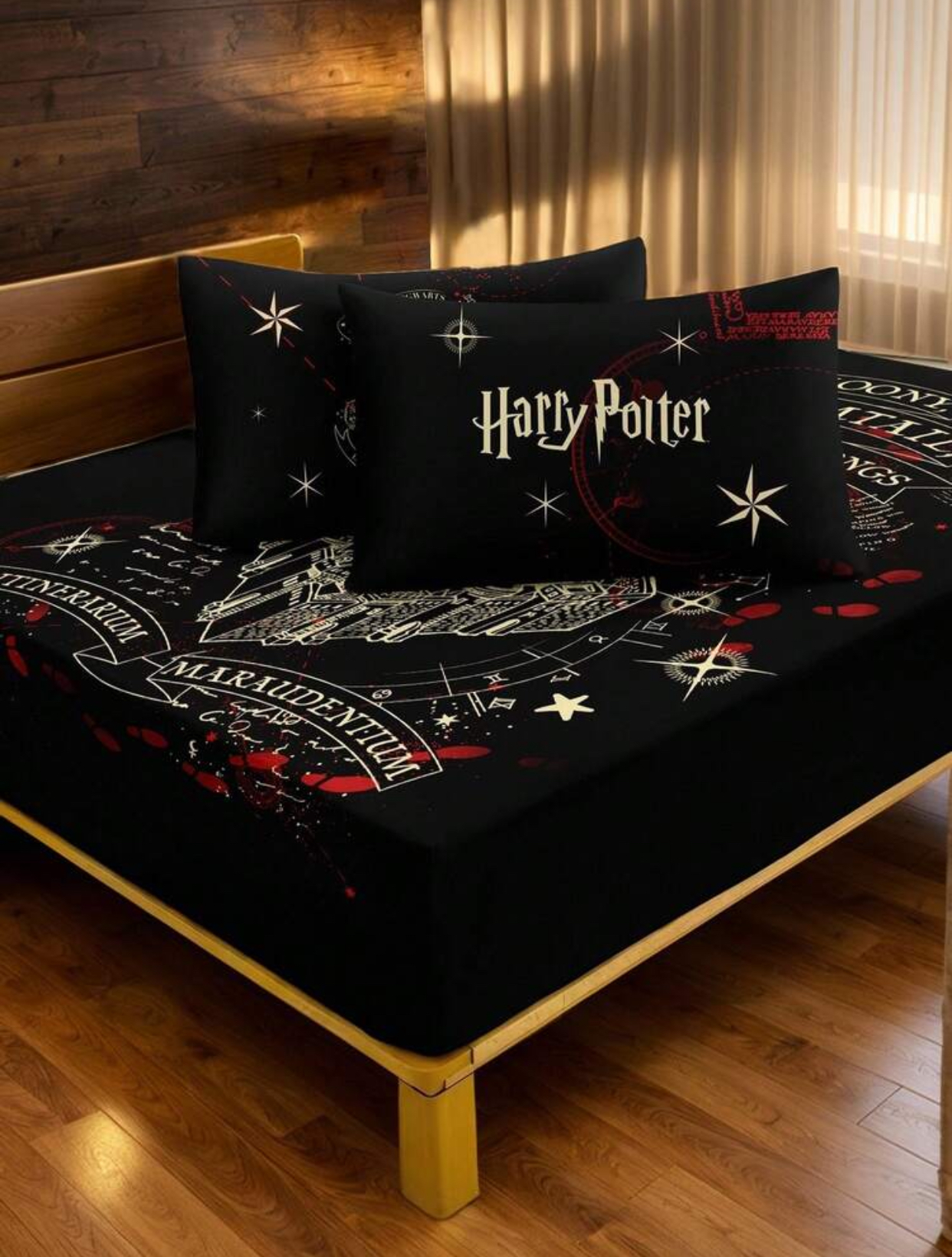 Official Harry Potter "The Marauder's Map" Graphic Printed Black Bedding Set featuring Wormtail, Padfoot, and Prongs Design.