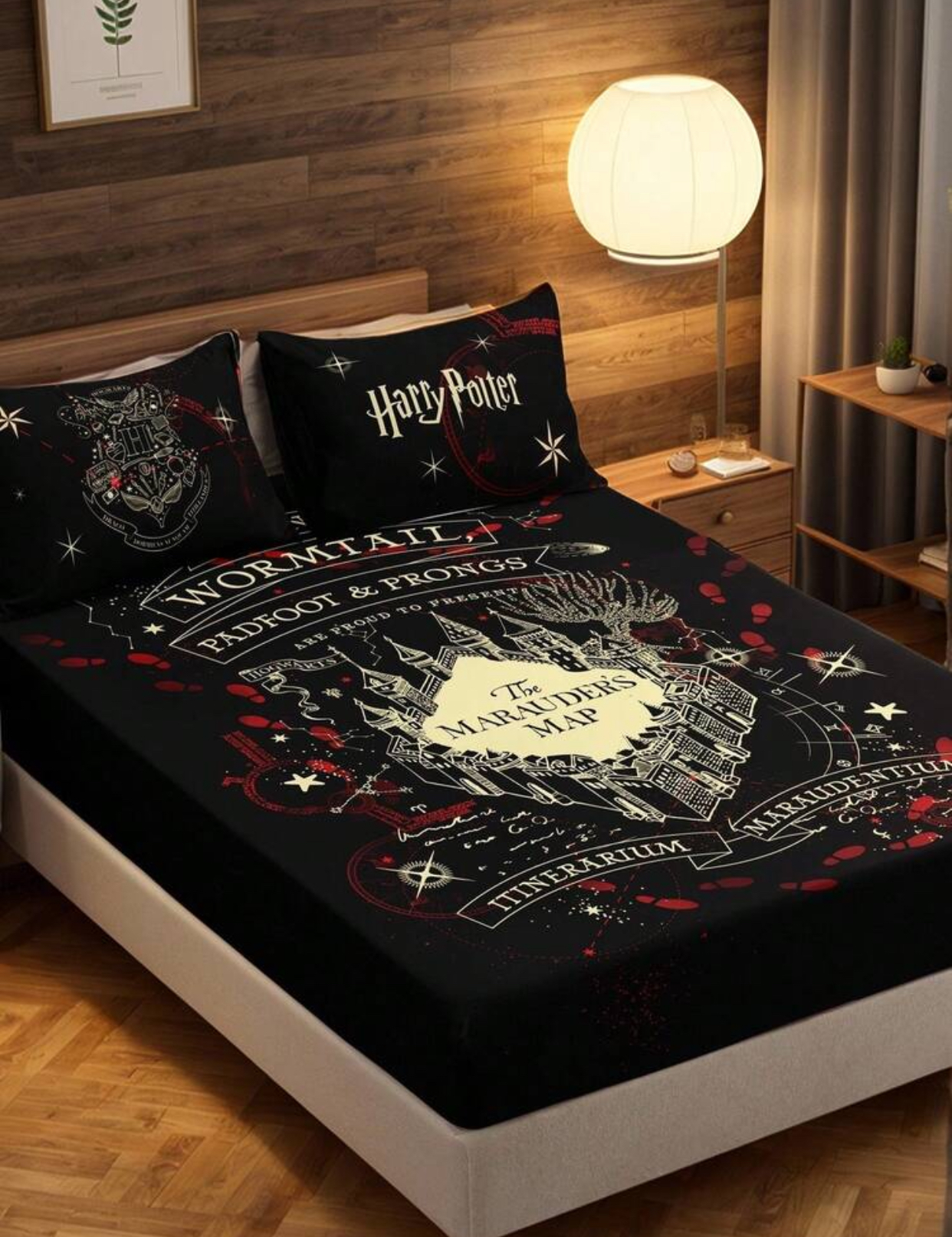 Official Harry Potter "The Marauder's Map" Graphic Printed Black Bedding Set featuring Wormtail, Padfoot, and Prongs Design. 2
