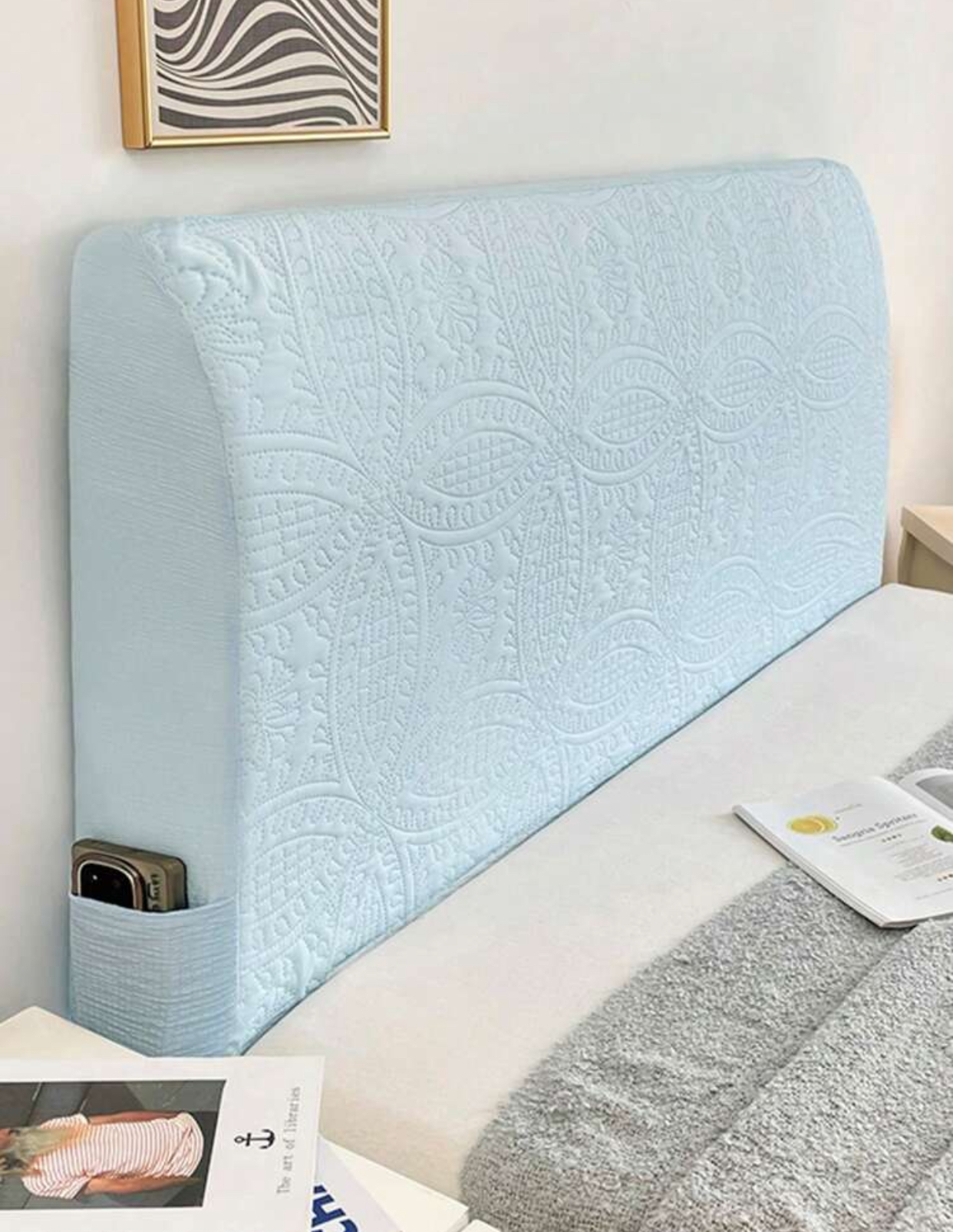 Light Blue Embossed Quilted Stretchable All-Inclusive Headboard Dust Cover with Built-in Side Storage Pocket.