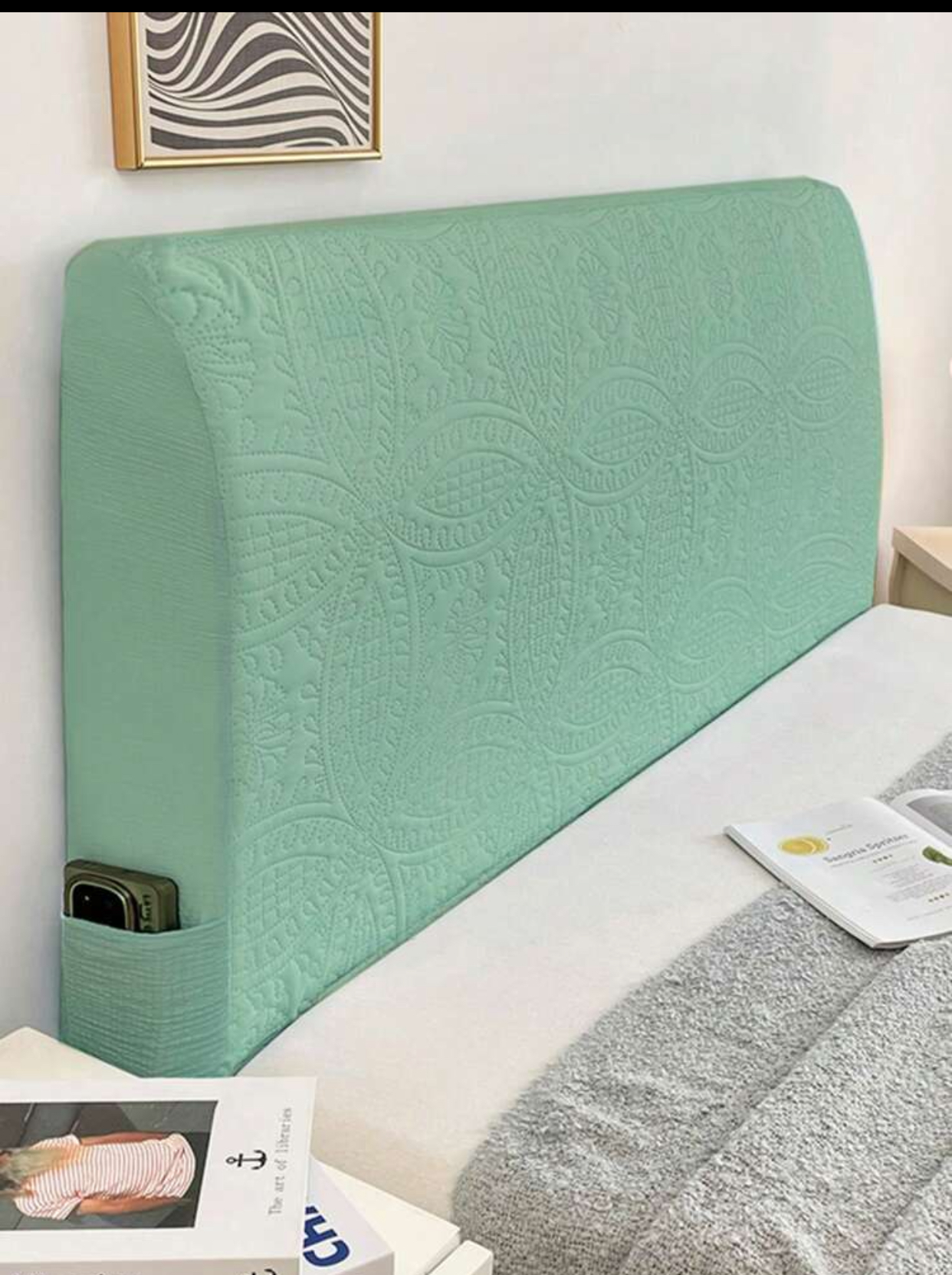 Light Blue Embossed Quilted Stretchable All-Inclusive Headboard Dust Cover with Built-in Side Storage Pocket. 2