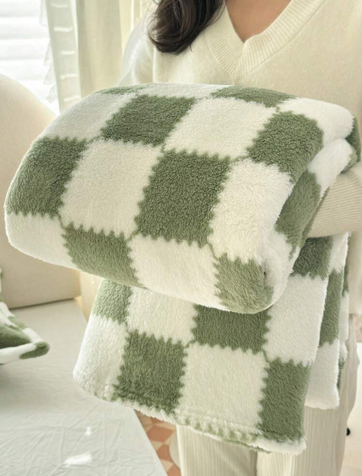 Sage Green and Cream Checkerboard Pattern Ultra-Soft Plush Fleece Throw Blanket.