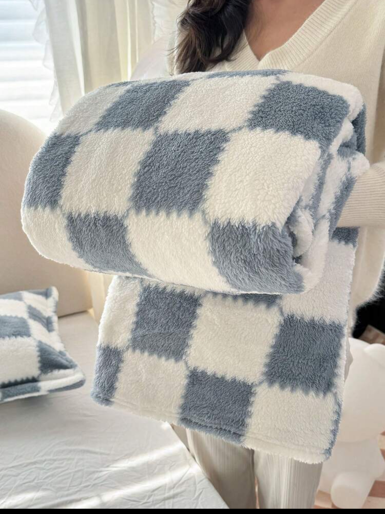 Sage Green and Cream Checkerboard Pattern Ultra-Soft Plush Fleece Throw Blanket. 3