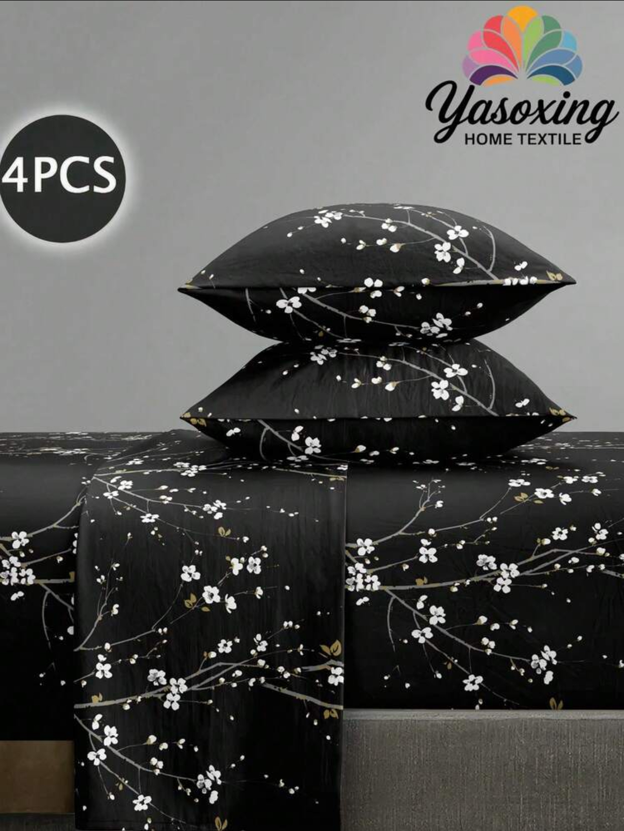 Yasoxing Home Textile 4-Piece Modern Black Floral Print Bed Sheet Set.