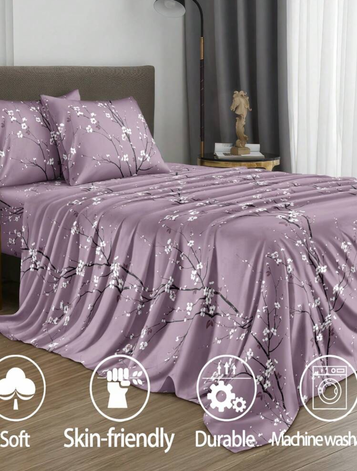 Yasoxing Home Textile 4-Piece Modern Black Floral Print Bed Sheet Set. 3