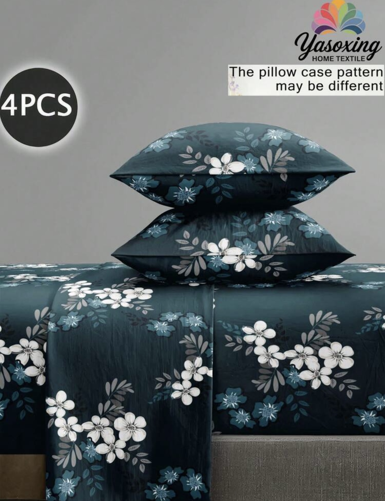 Yasoxing Home Textile 4-Piece Modern Black Floral Print Bed Sheet Set. 2
