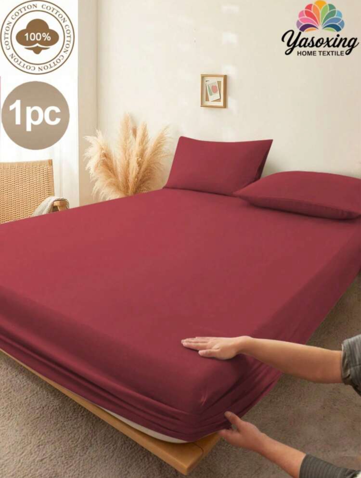 Yasoxing Home Textile 100% Pure Cotton Solid Wine Red Fitted Sheet (1-Piece Bedding).