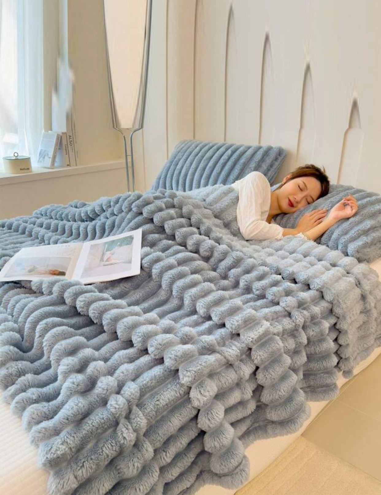 Cream White Ribbed Faux Fur Shaggy Blanket and Matching Textured Pillow Shams Set.