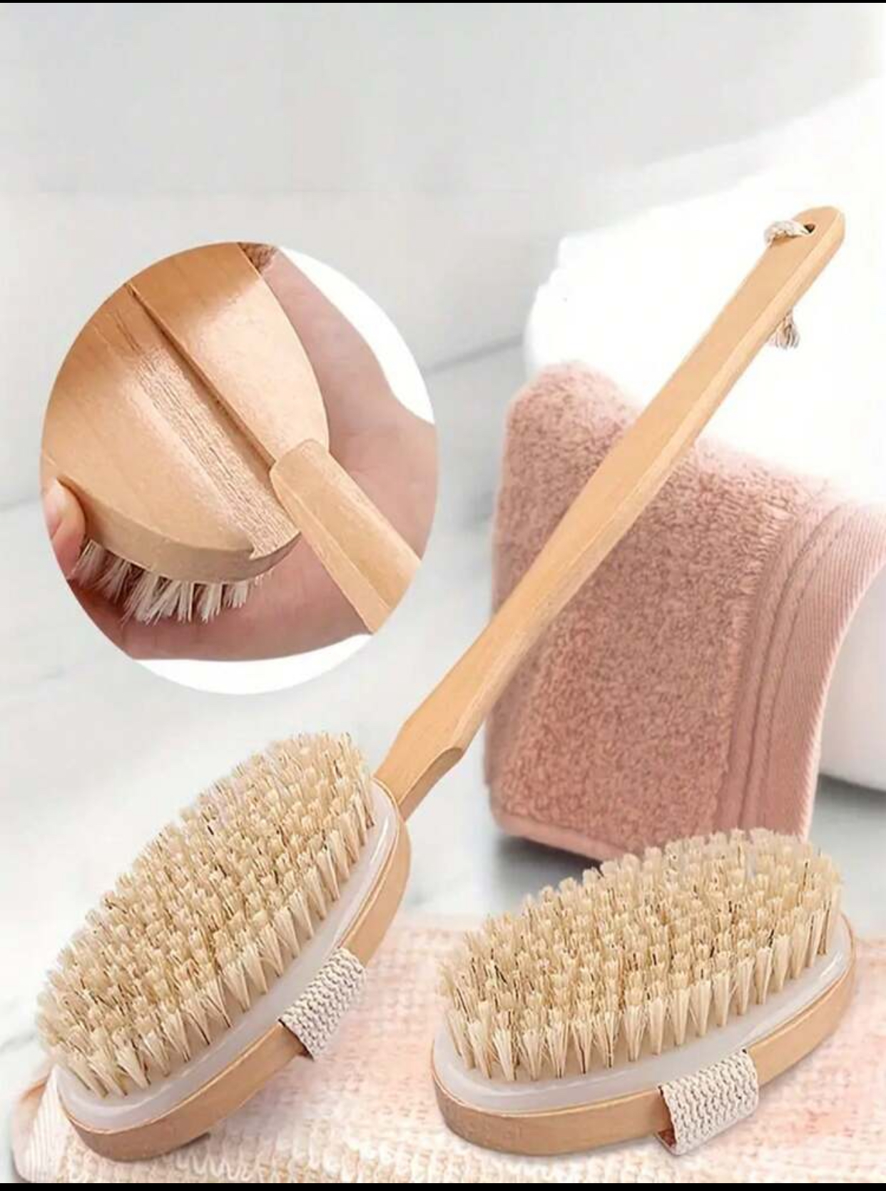 Double-Sided Natural Bristle Wooden Body Brush with Detachable Long Handle