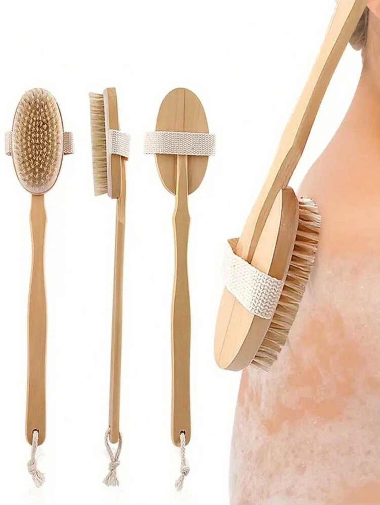 Double-Sided Natural Bristle Wooden Body Brush with Detachable Long Handle 2