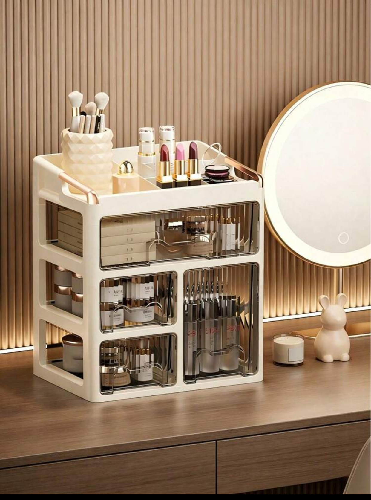 Luxury Multi-Layer Clear Tiered Desktop Skincare and Lipstick Cosmetic Organizer Cabinet with Rose Gold Handles