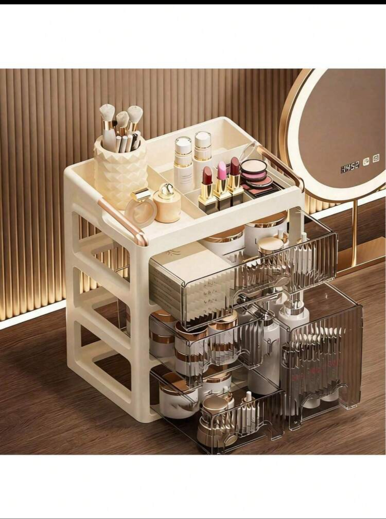 Luxury Multi-Layer Clear Tiered Desktop Skincare and Lipstick Cosmetic Organizer Cabinet with Rose Gold Handles 3