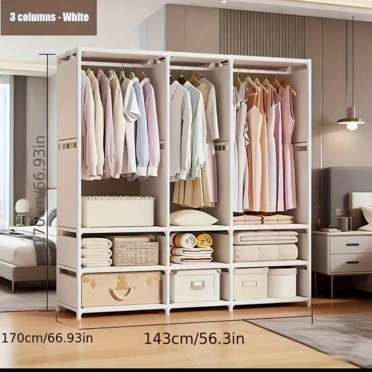 Three-column heavy-duty portable wardrobe storage organizer with hanging rods
