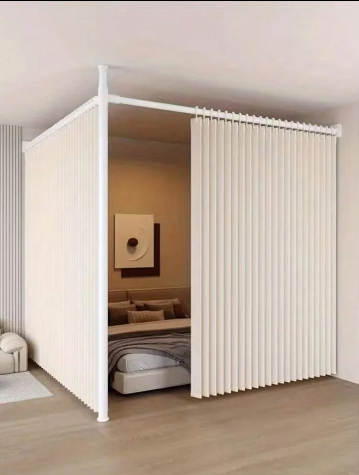 Floor-to-ceiling adjustable room divider tension rod with privacy curtain