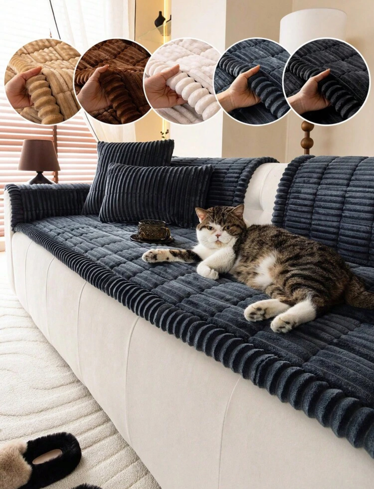 Thick checkered geometric plush fleece sofa cover cushion protector