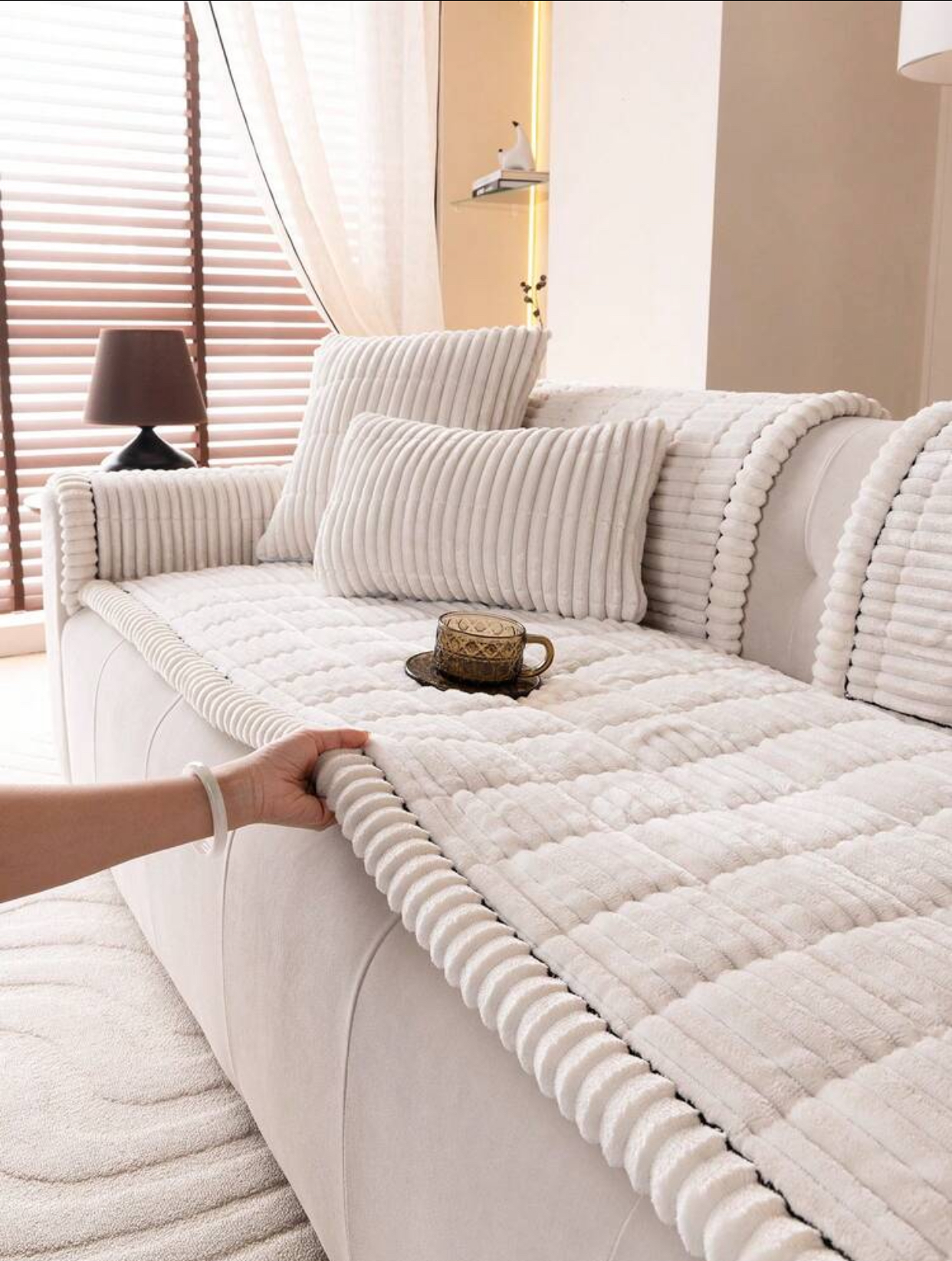 Thick checkered geometric plush fleece sofa cover cushion protector 3