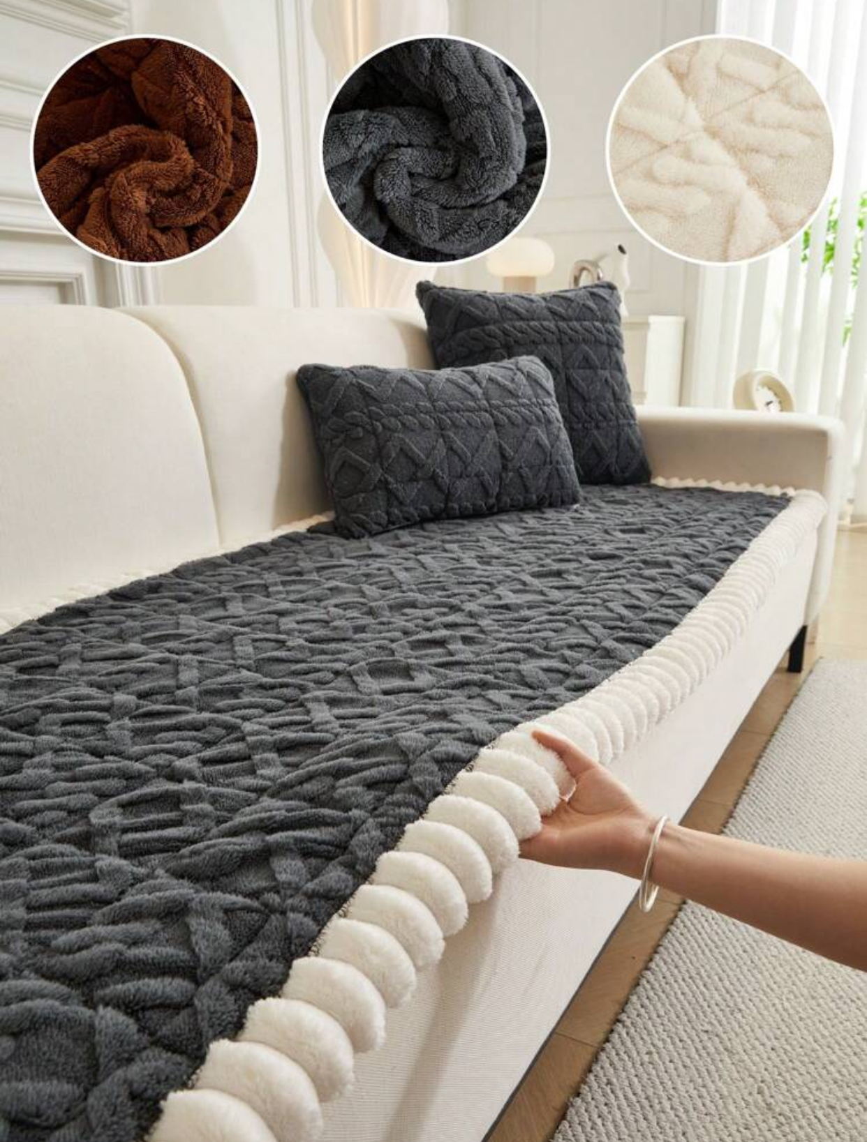 Thick checkered geometric plush fleece sofa cover cushion protector 2