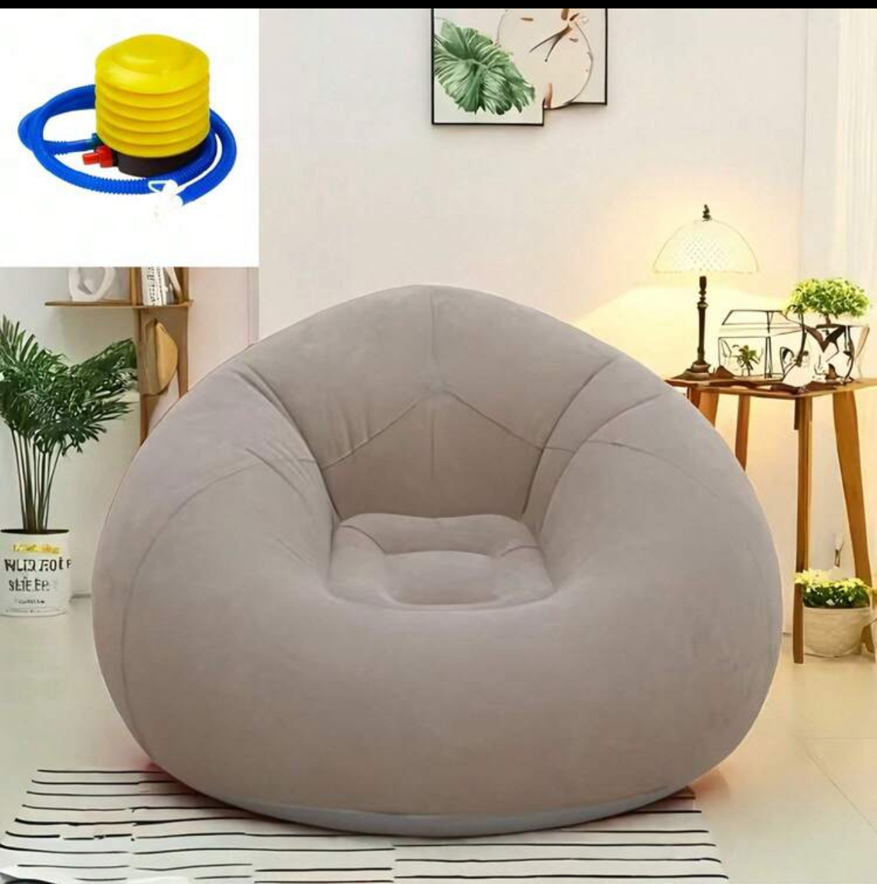 Flocked waterproof inflatable bean bag chair with manual foot pump