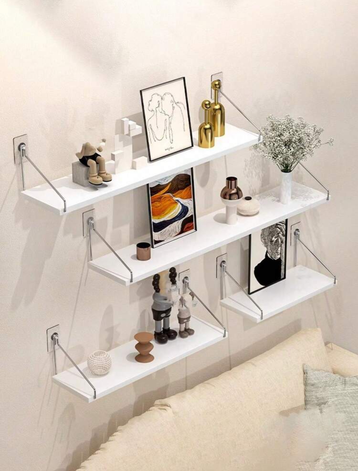 Minimalist wire-suspended floating wall display shelves (3-piece set)