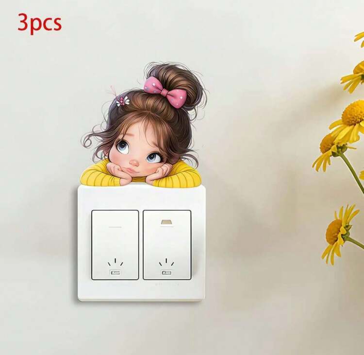 3-Piece Cute Cartoon Girl Light Switch Wall Stickers – Creative Peeking Girl Vinyl Decal Cover Stickers for
