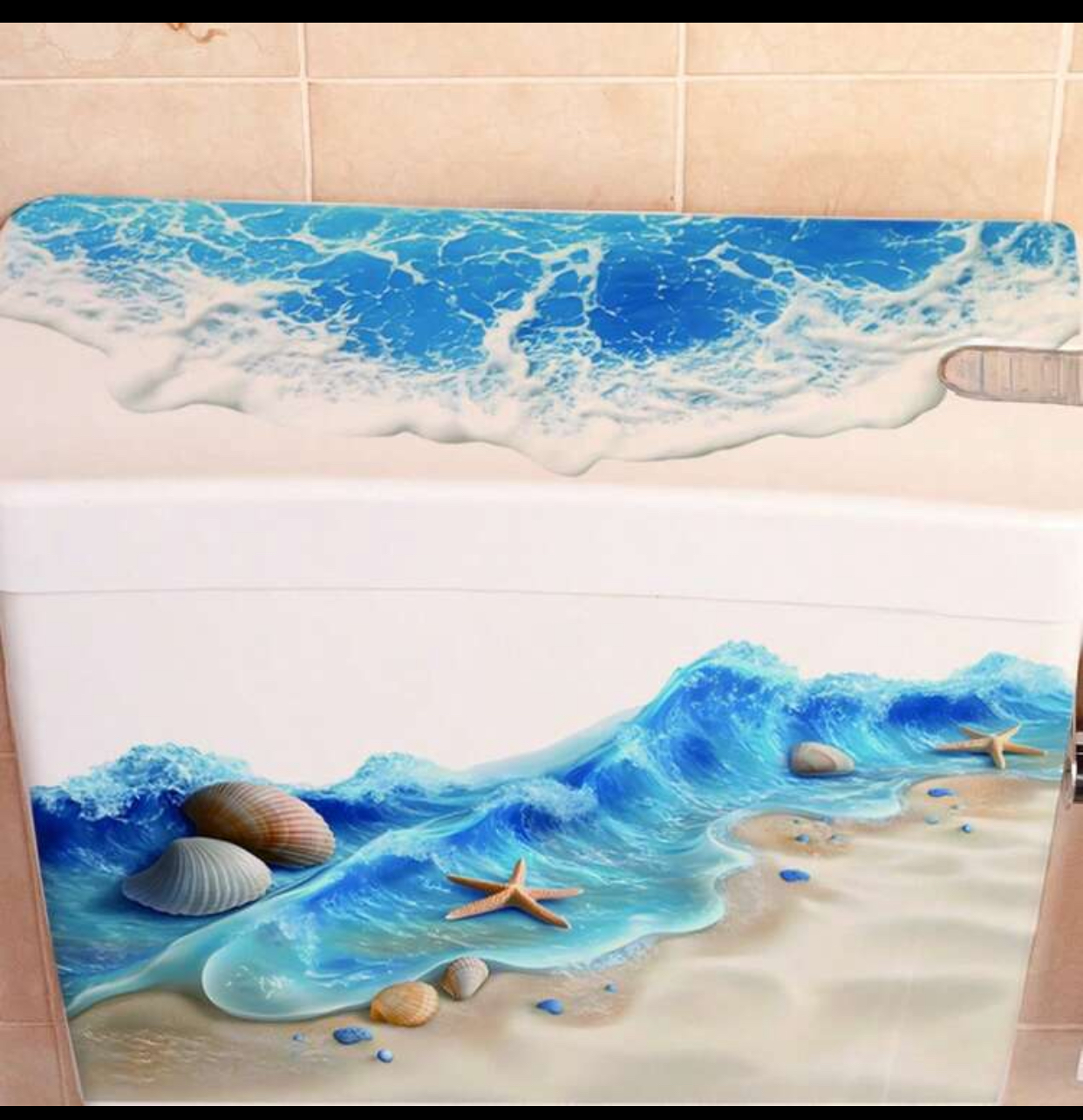 3D Ocean Beach Wave and Starfish Floor Wall Sticker – Realistic Sea Surf and Shells Peel and Stick Removable Vinyl Decal for Bathroom and Kitchen Decoration