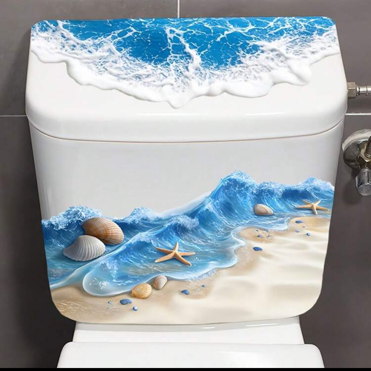 3D Ocean Beach Wave and Starfish Floor Wall Sticker – Realistic Sea Surf and Shells Peel and Stick Removable Vinyl Decal for Bathroom and Kitchen Decoration 3