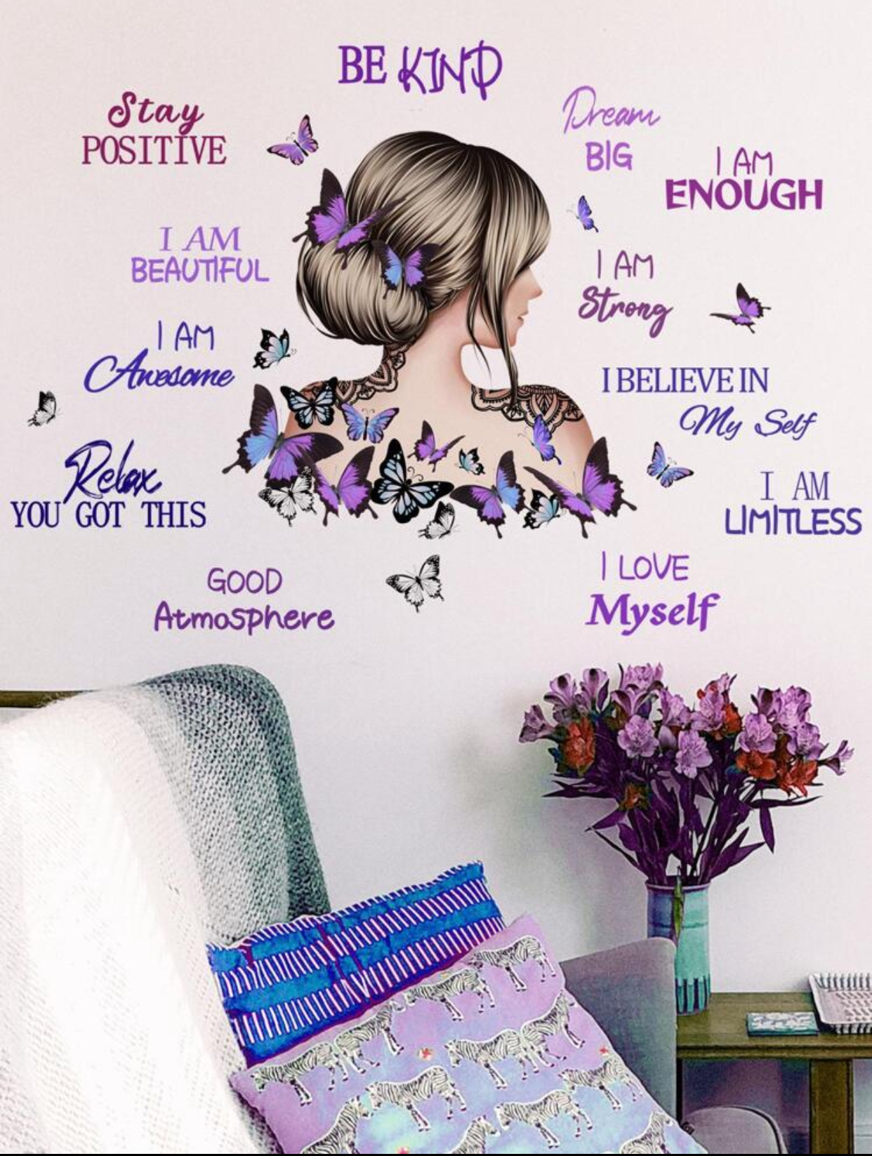 Inspirational Quotes Butterfly Girl Wall Art Decal – Positive Affirmations and Motivational Phrases Removable Wall Stickers for Teen Bedroom and Classroom
