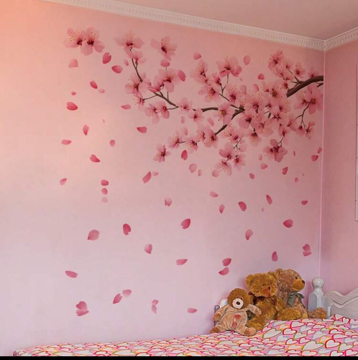 Romantic Pink Cherry Blossom Tree Branch Wall Decal – Large Sakura Floral Peel and Stick Wall Stickers for Kids Bedroom, Nursery, and Living Room Decor