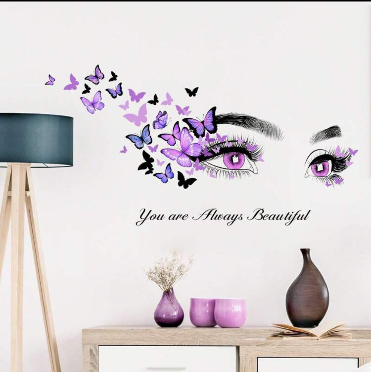 You Are Always Beautiful" Purple Butterfly Eyes Wall Decal – Romantic Lashes and Flying Butterflies Graphic Wall Sticker for Makeup Vanity and Dressing Room