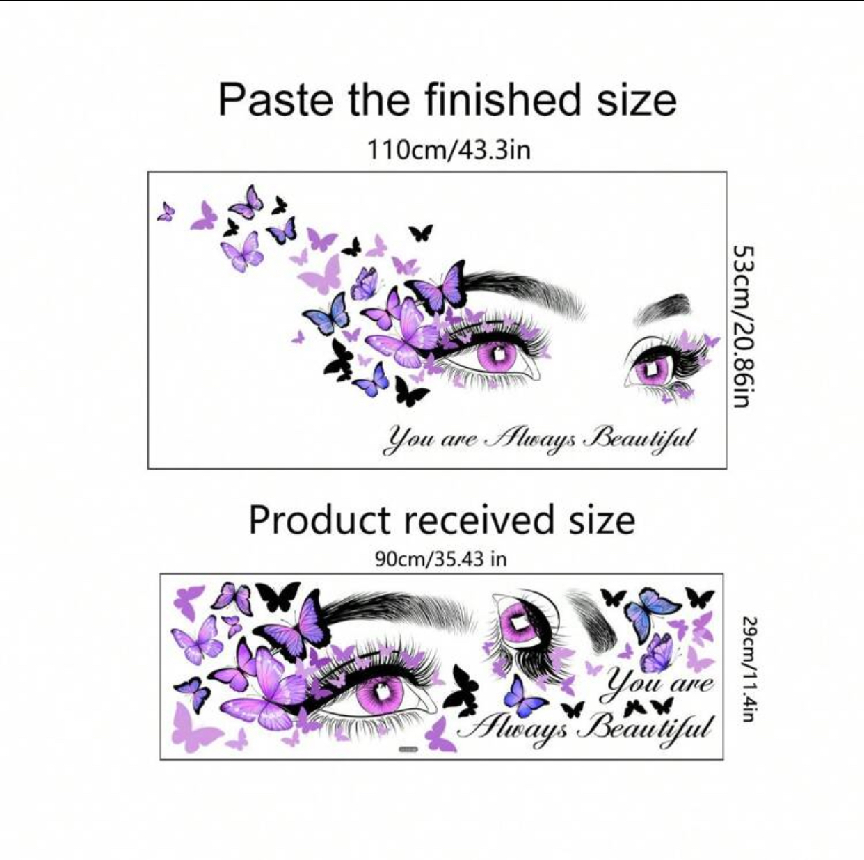 You Are Always Beautiful" Purple Butterfly Eyes Wall Decal – Romantic Lashes and Flying Butterflies Graphic Wall Sticker for Makeup Vanity and Dressing Room 2