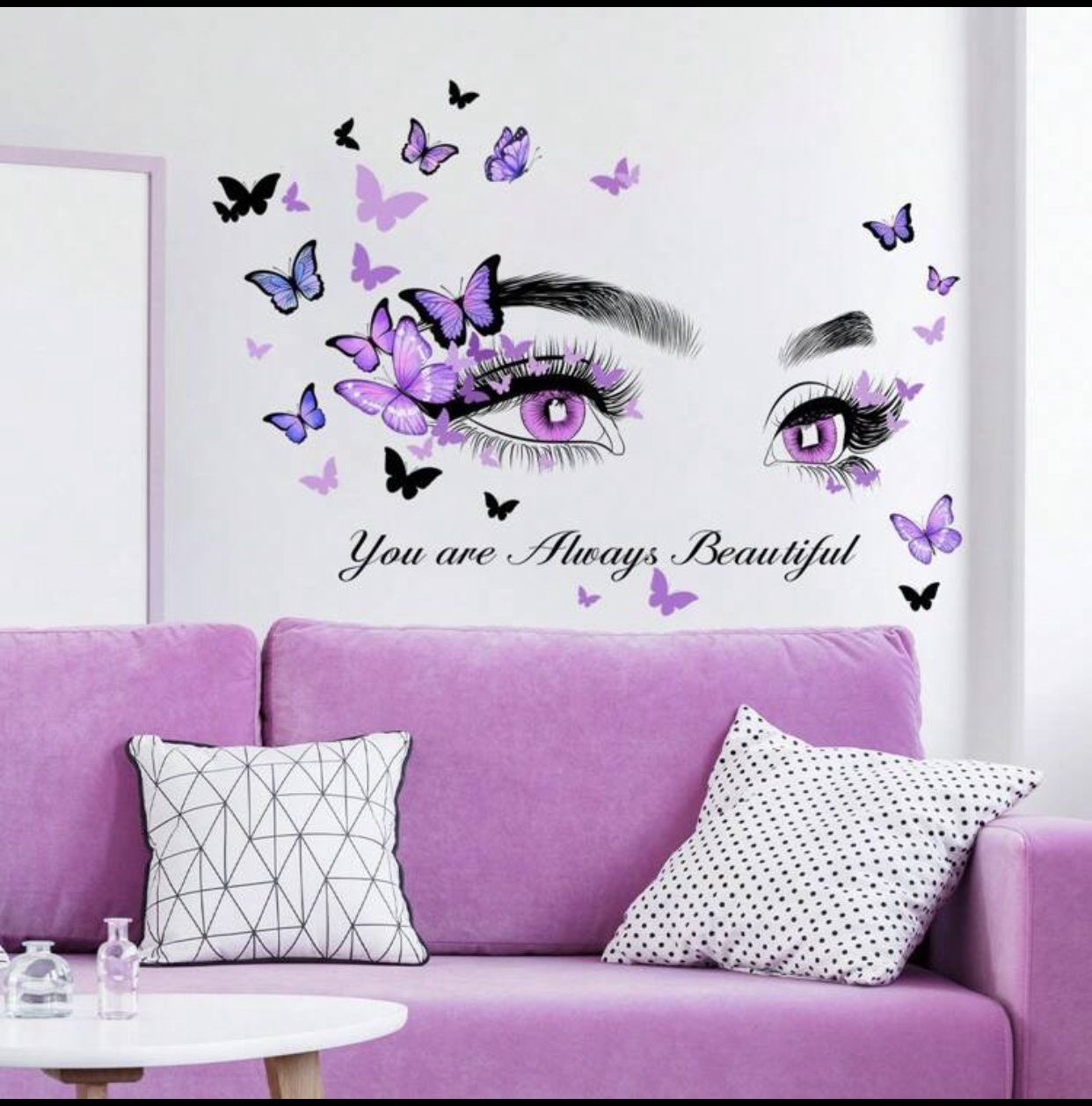 You Are Always Beautiful" Purple Butterfly Eyes Wall Decal – Romantic Lashes and Flying Butterflies Graphic Wall Sticker for Makeup Vanity and Dressing Room 3