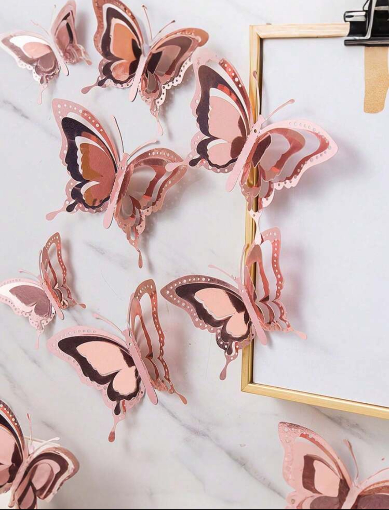3D Hollow Metallic Rose Gold Butterfly Wall Stickers – Layered Paper Laser-Cut Butterfly Decals for Wedding, Birthday Party, and Home Wall Decor