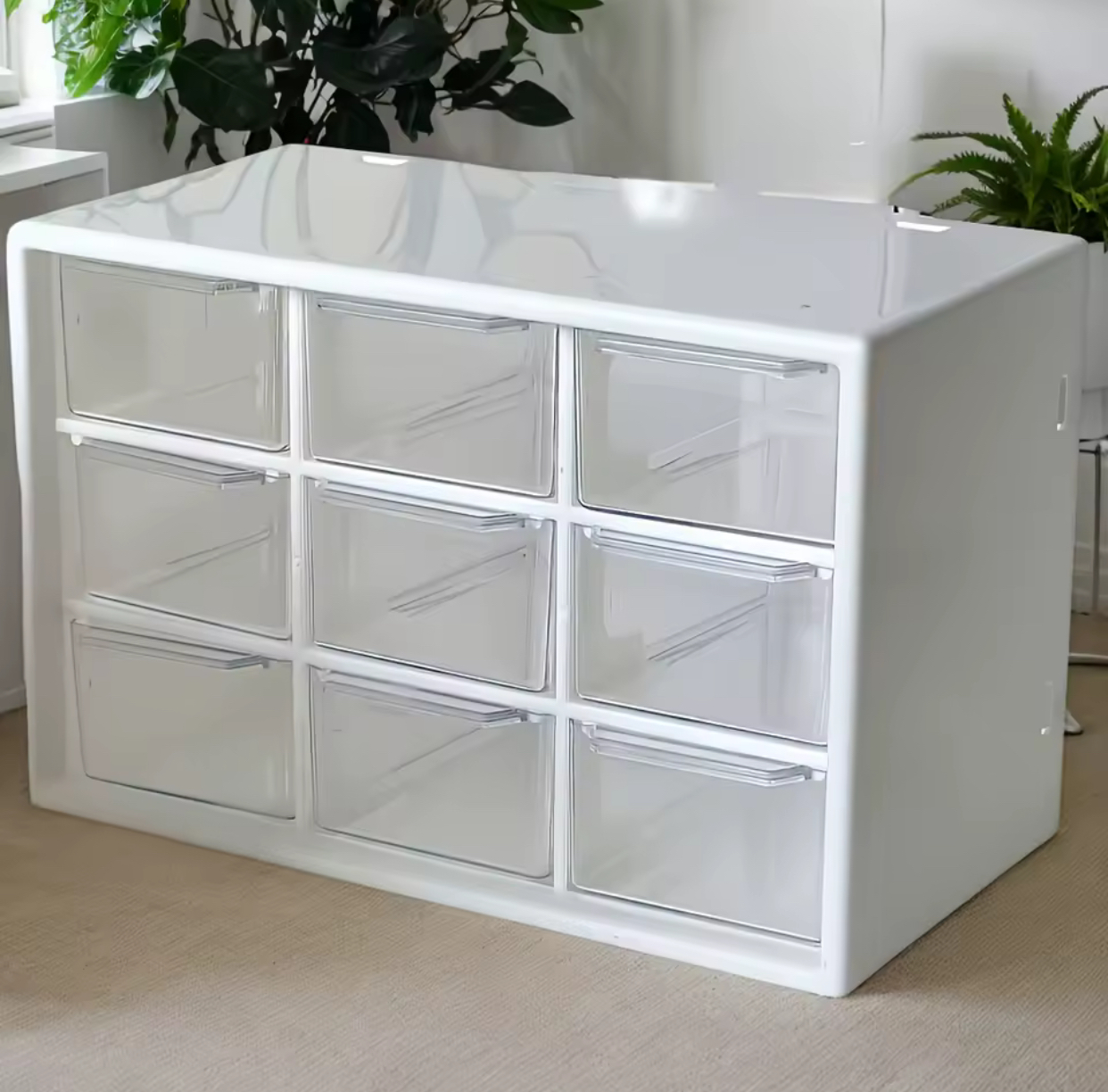 9-Drawer Desktop Storage Cabinet Organizer – Multi-Grid Clear Plastic Drawer Storage Box for Makeup Cosmetics, Office Supplies, and Small Craft Items