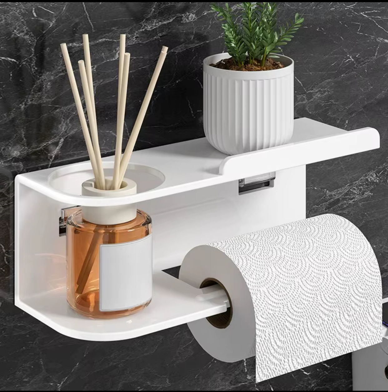 Multifunctional Wall-Mounted Bathroom Shelf and Toilet Paper Holder – Self-Adhesive White Floating Storage Rack with Integrated Reed Diffuser Stand and Plant Tray