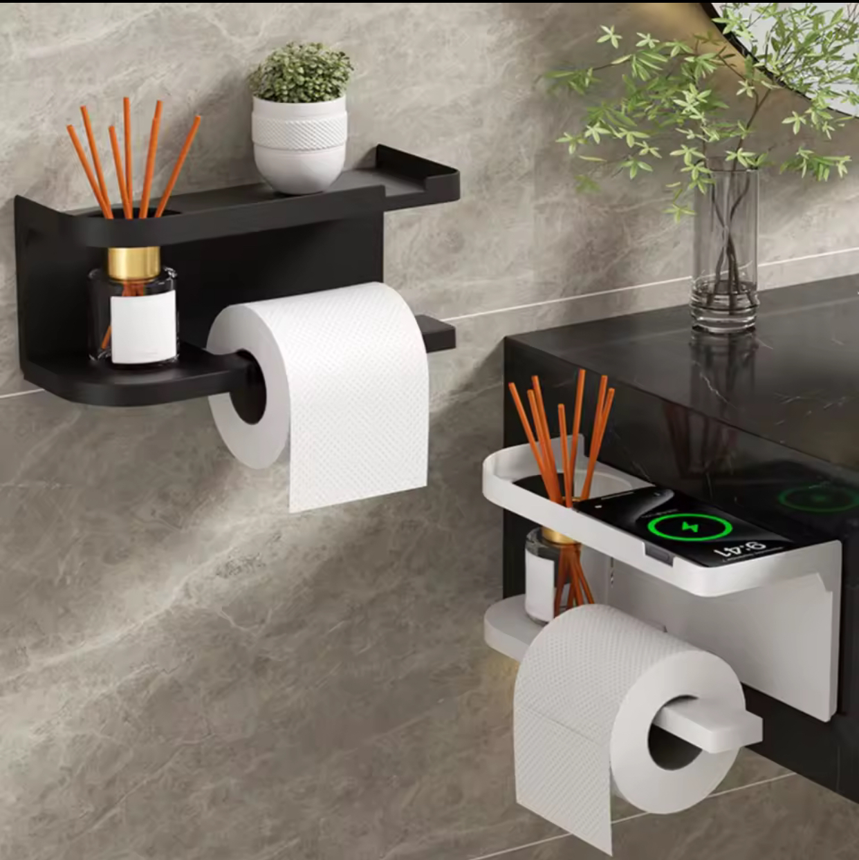 Multifunctional Wall-Mounted Bathroom Shelf and Toilet Paper Holder – Self-Adhesive White Floating Storage Rack with Integrated Reed Diffuser Stand and Plant Tray 3