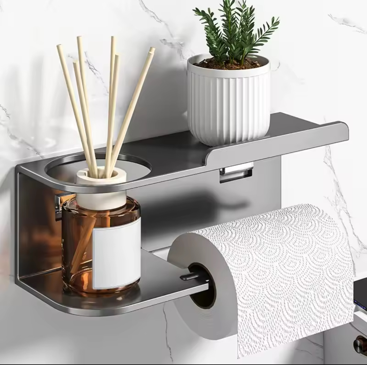 Multifunctional Wall-Mounted Bathroom Shelf and Toilet Paper Holder – Self-Adhesive White Floating Storage Rack with Integrated Reed Diffuser Stand and Plant Tray 2