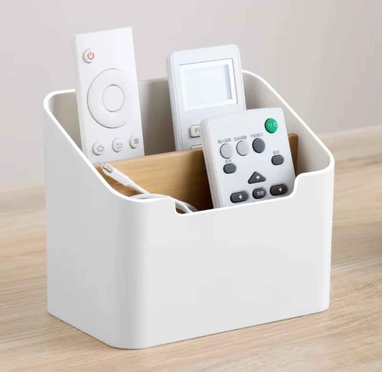 Desktop Remote Control Holder and Media Organizer – Minimalist White Storage Caddy with Removable Natural Bamboo Wood Multi-Slot Grid Dividers
