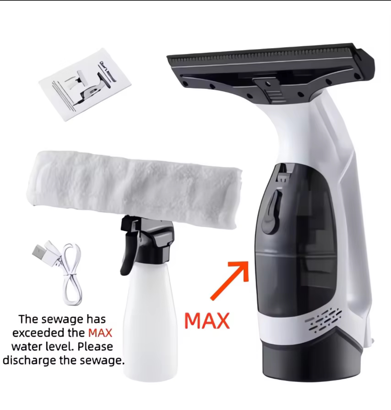Cordless Electric Window Vacuum Squeegee Cleaner Kit – Rechargeable Handheld Glass Washer with Dirty Water Tank and Microfiber Spray Bottle Combo Set 3