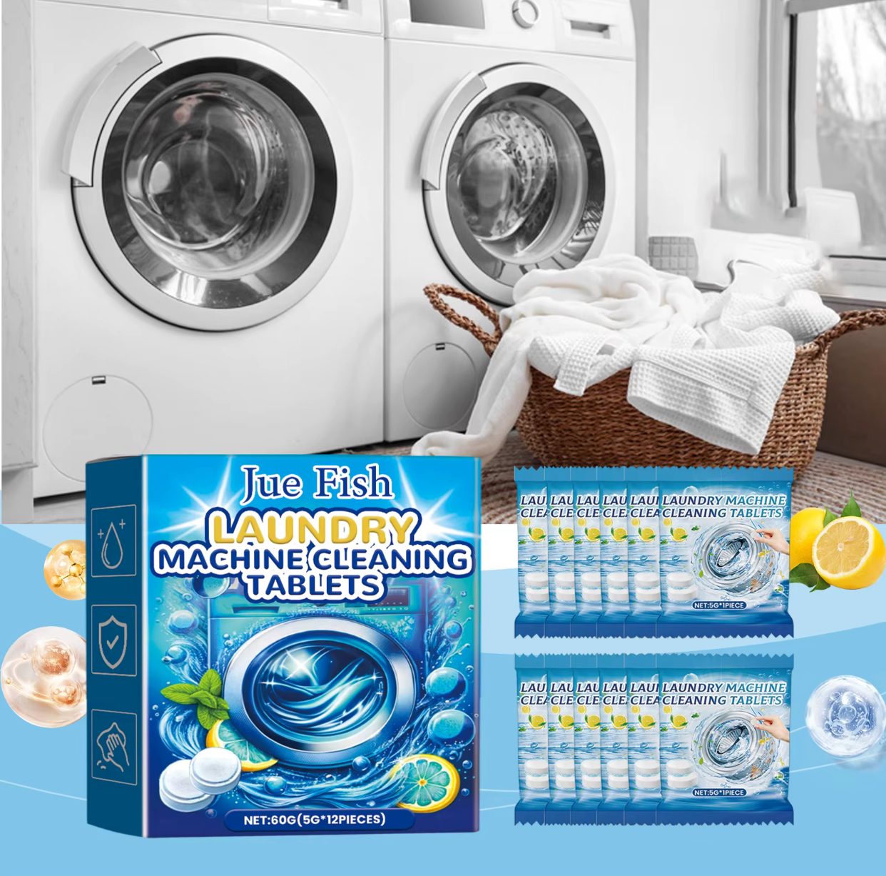 Jue Fish Deep Cleaning Laundry Machine Washer Tablets – Effervescent Odor Eliminator and Grime Remover Descalers for Front and Top Load Washers (12-Pack)