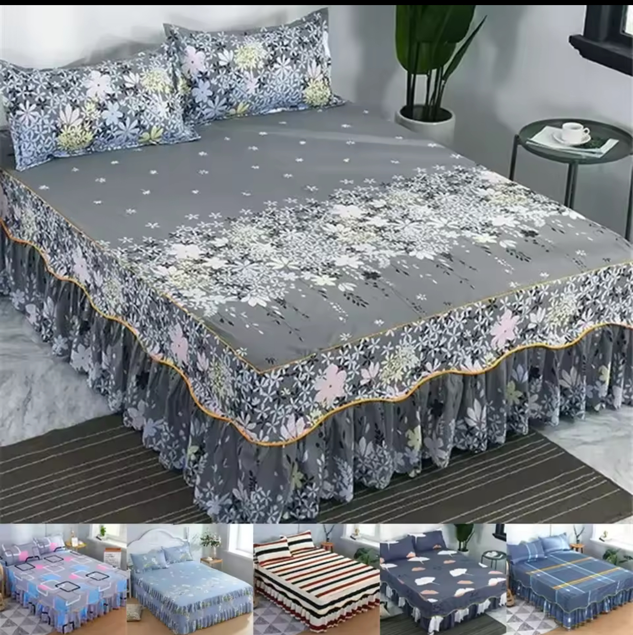 Floral Ruffled Bed Skirt and Fitted Sheet Combo Set – Vintage Grey Botanical Printed Mattress Cover with Elegant Pleated Dust Ruffle and Matching Pillowcases