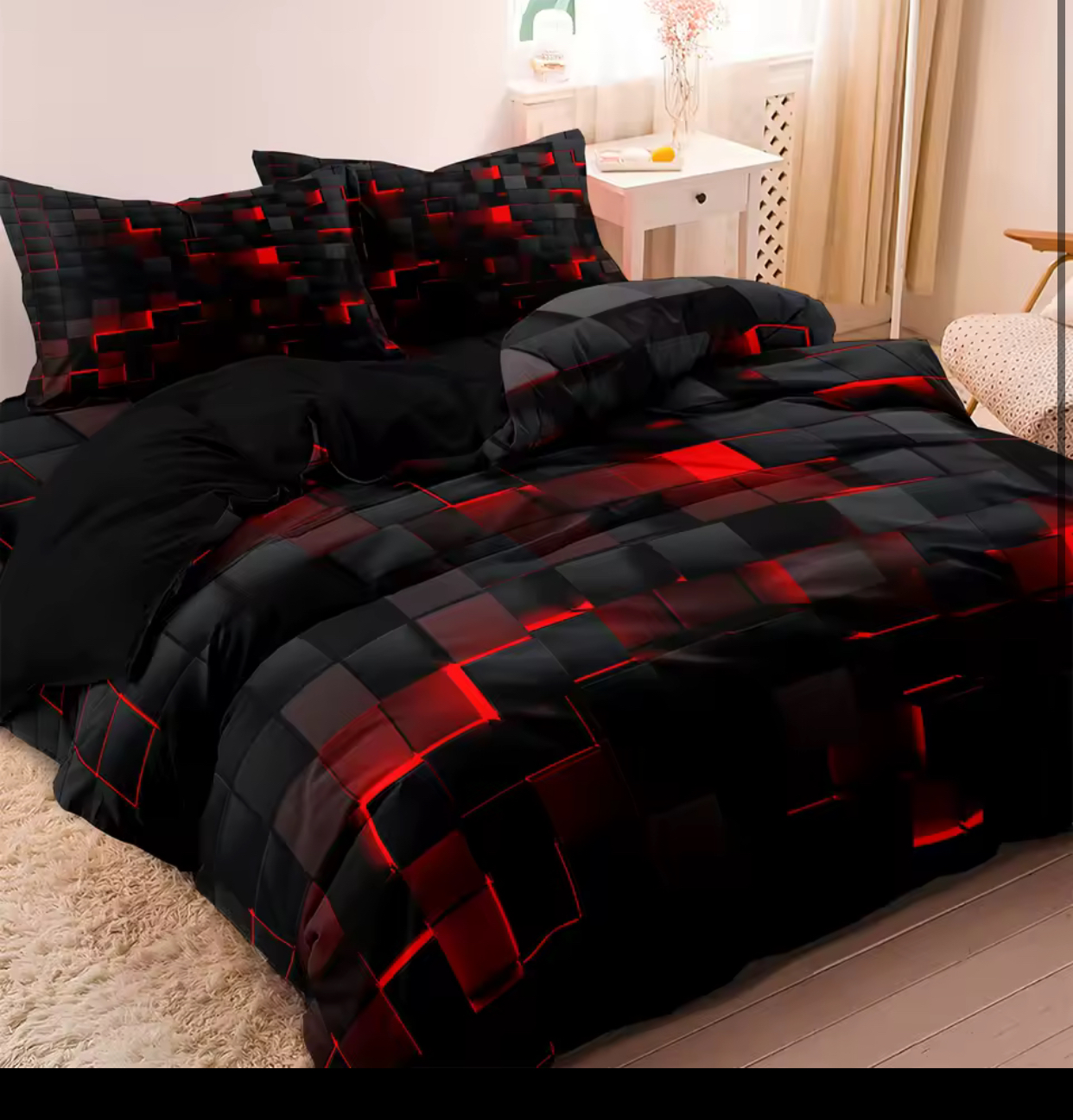 3D Neon Red Geometric Grid Comforter Cover Set – Futuristic Cyber Tech Black Cube Matrix Duvet Cover and Pillowcases, Sci-Fi Inspired Bedding Set