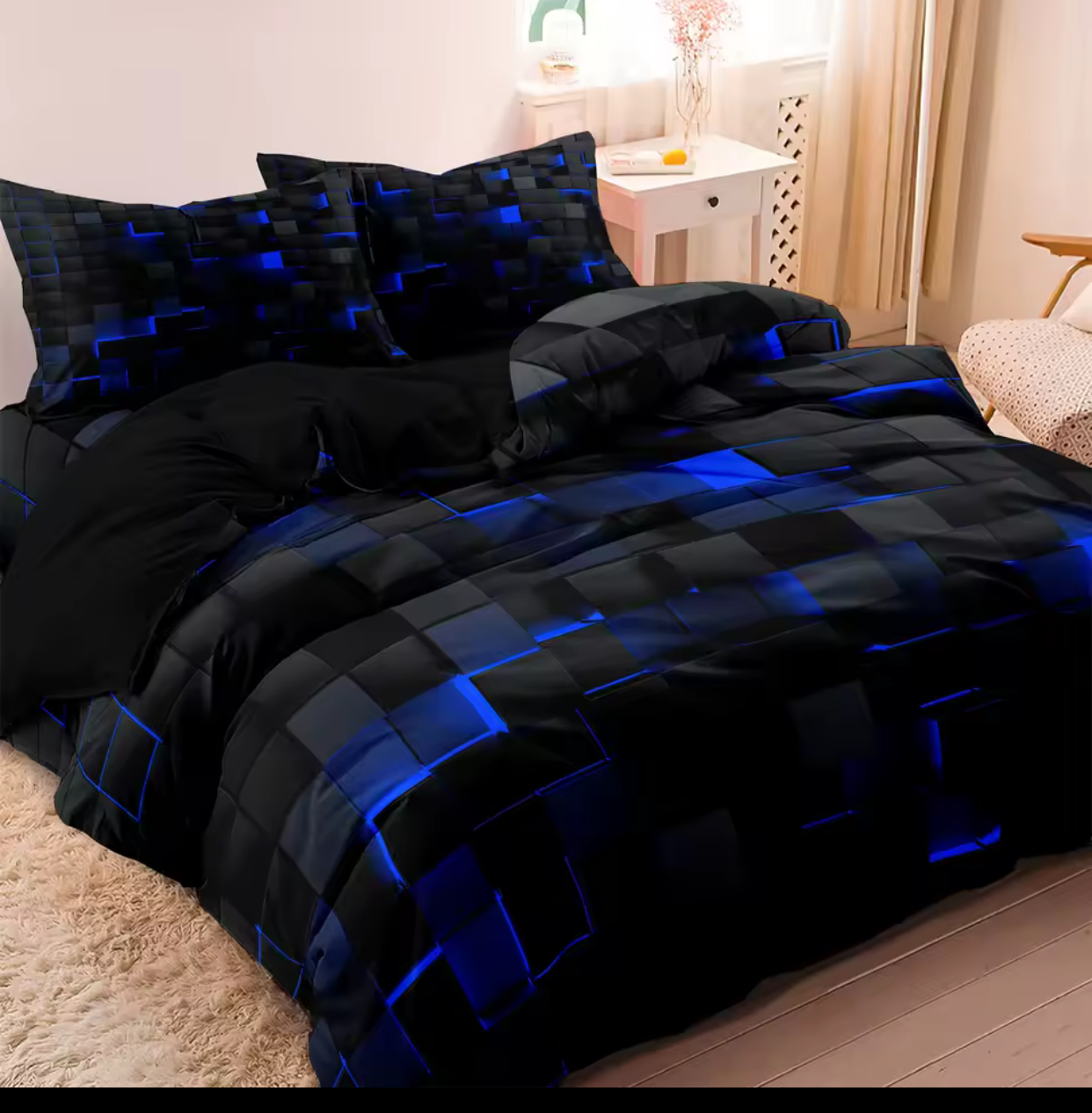 3D Neon Red Geometric Grid Comforter Cover Set – Futuristic Cyber Tech Black Cube Matrix Duvet Cover and Pillowcases, Sci-Fi Inspired Bedding Set 2