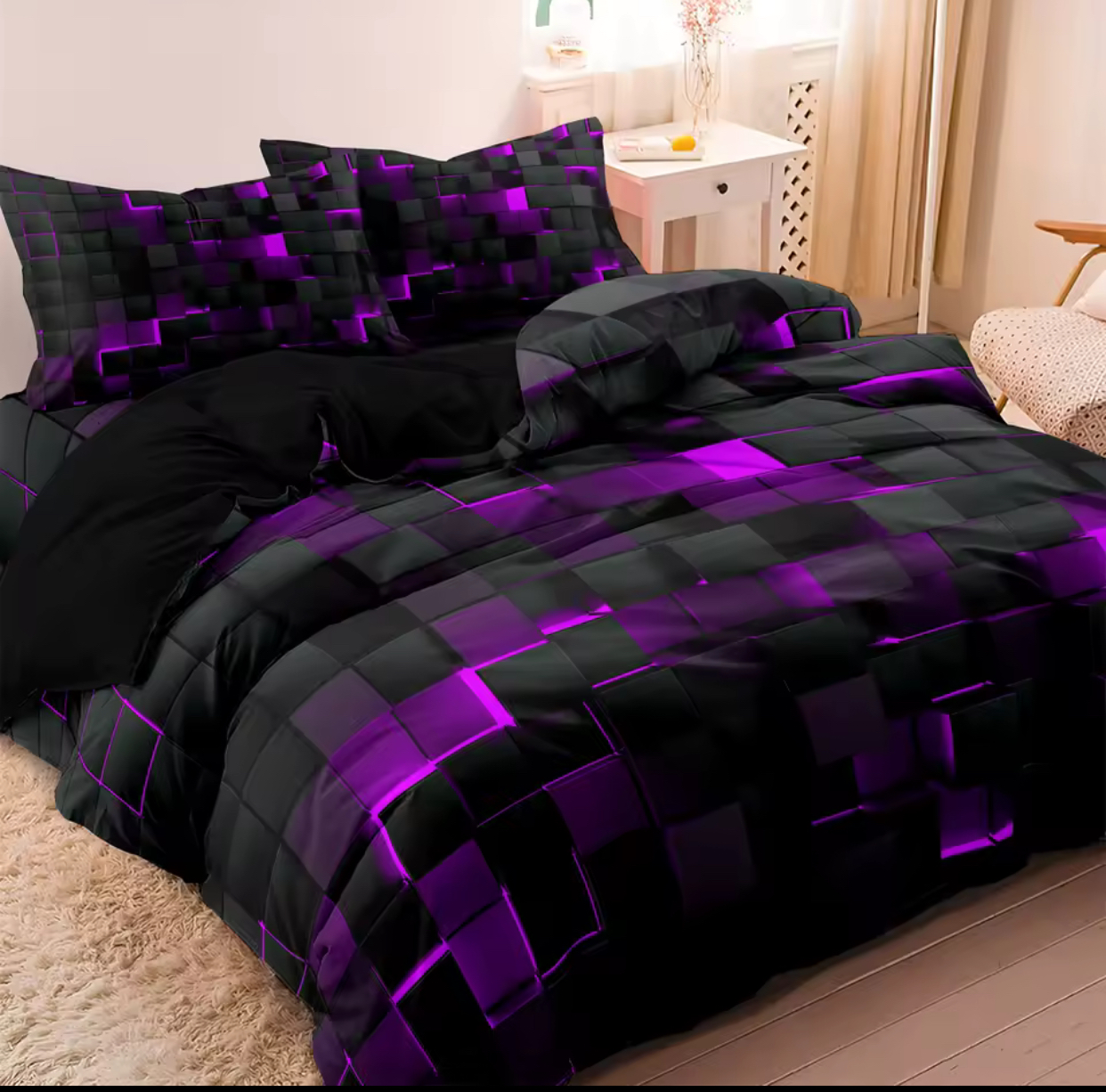 3D Neon Red Geometric Grid Comforter Cover Set – Futuristic Cyber Tech Black Cube Matrix Duvet Cover and Pillowcases, Sci-Fi Inspired Bedding Set 3