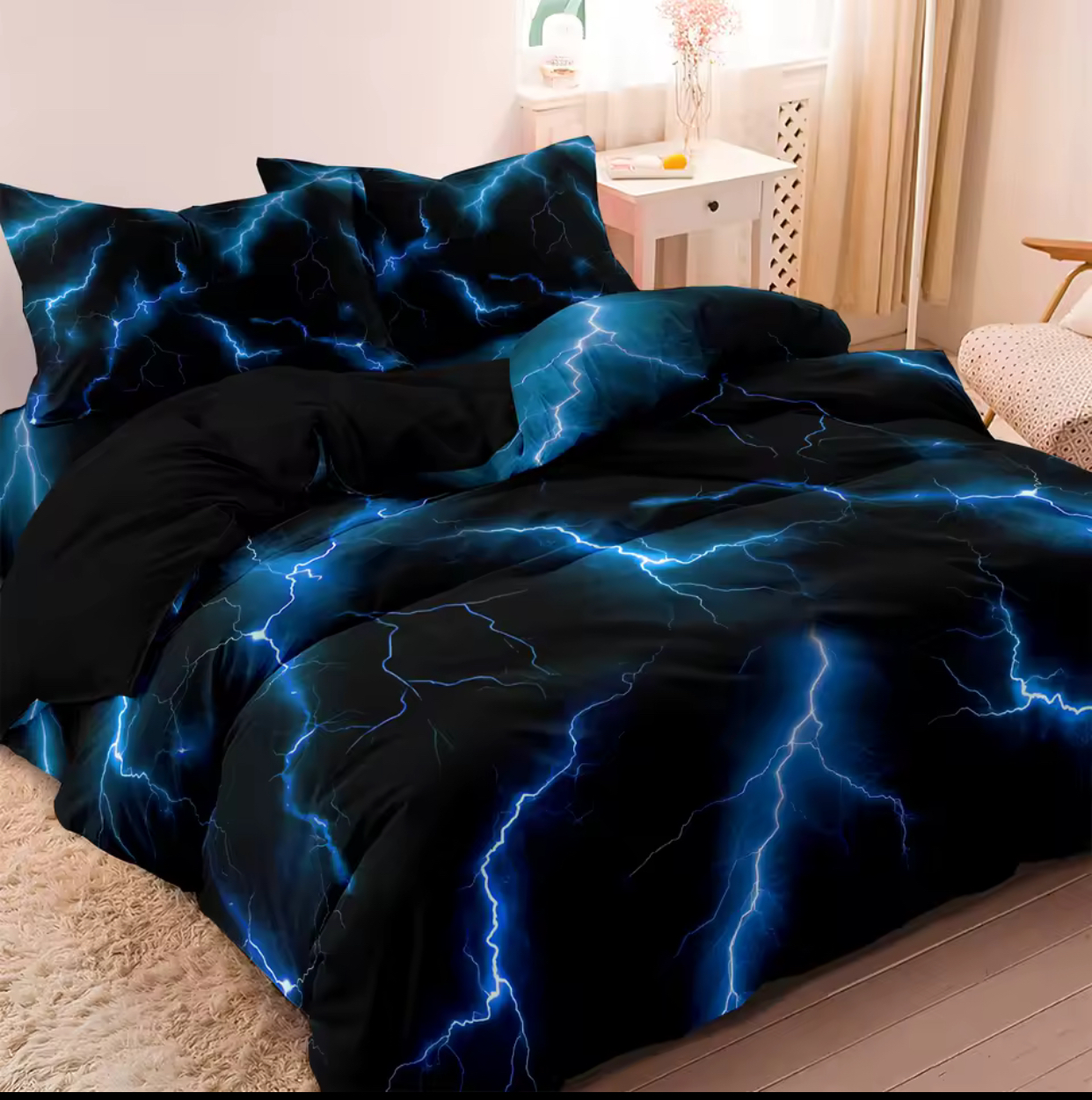 3D Electric Purple Lightning Comforter Cover Set – Dark Gothic Neon Thunderstorm Duvet Cover and Matching Pillowcases, Microfiber Cyberpunk Bedding Set