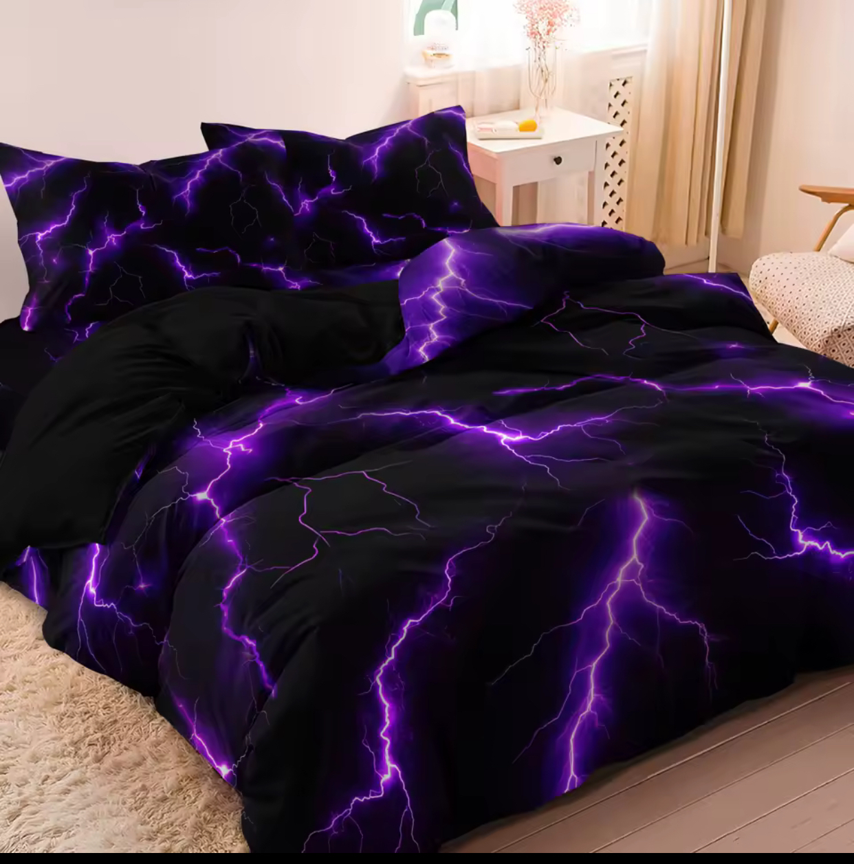 3D Electric Purple Lightning Comforter Cover Set – Dark Gothic Neon Thunderstorm Duvet Cover and Matching Pillowcases, Microfiber Cyberpunk Bedding Set 3