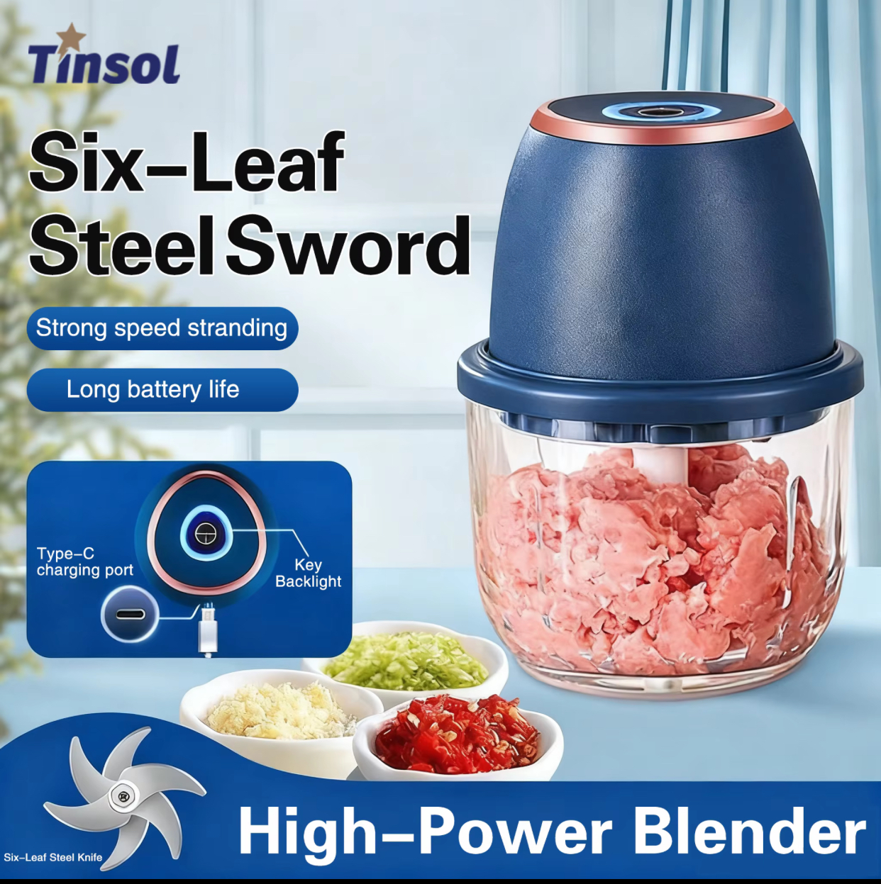 Tinsol Cordless High-Power Electric Food Chopper – Portable Type-C Rechargeable Mini Blender with 6-Leaf Stainless Steel Blades for Meat, Garlic, and Vegetables 2