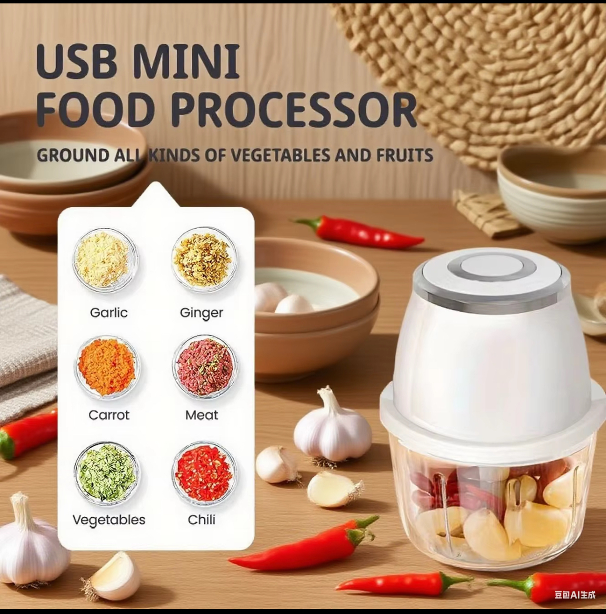 Tinsol Cordless High-Power Electric Food Chopper – Portable Type-C Rechargeable Mini Blender with 6-Leaf Stainless Steel Blades for Meat, Garlic, and Vegetables 3